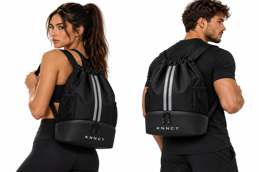 KNNCT Gym Bag noir porté sur le dos, femme et homme