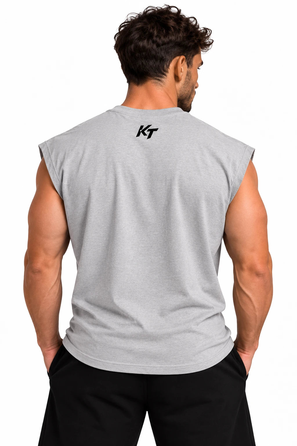 KNNCT Tank Top Oversize gris porté, dos avec logo KT